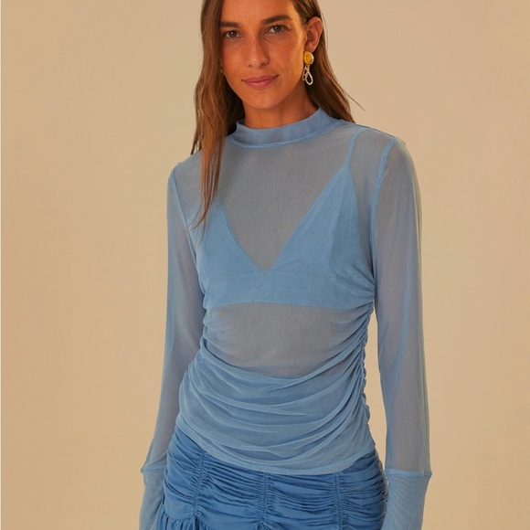 ✨NWT✨Farm Rio Blue Tulle Long Sleeve Blouse - Picture 1 of 3